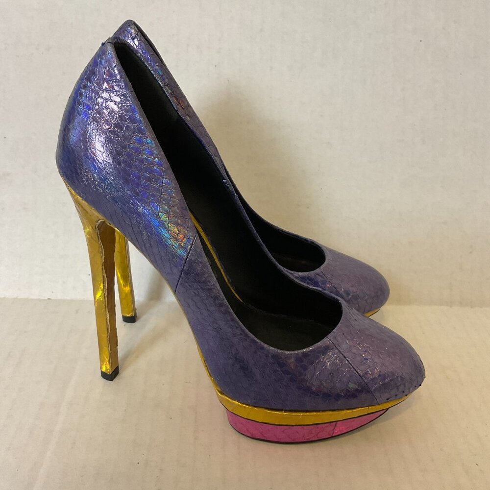 Brian Atwood Platform Stiletto Heels 6.5 Purple Gold Magenta Snakeskin Print - Picture 6 of 9